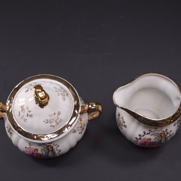 MCM Japanese Porcelain Sugar & Creamer Set Gold Trim Romantic Courting Scene - Picture 5 of 10